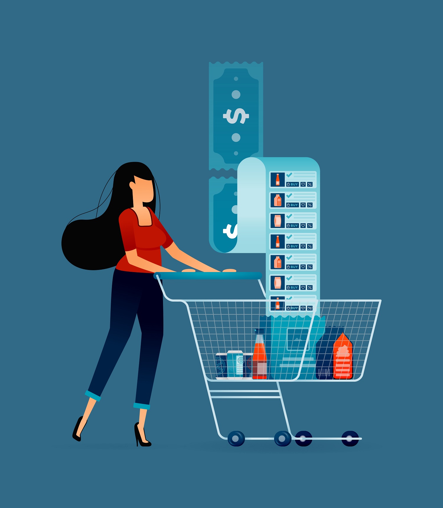 Woman shopping with a cart, displaying e-commerce product listings and shopping options, reflecting online shopping services and user-friendly digital experiences.