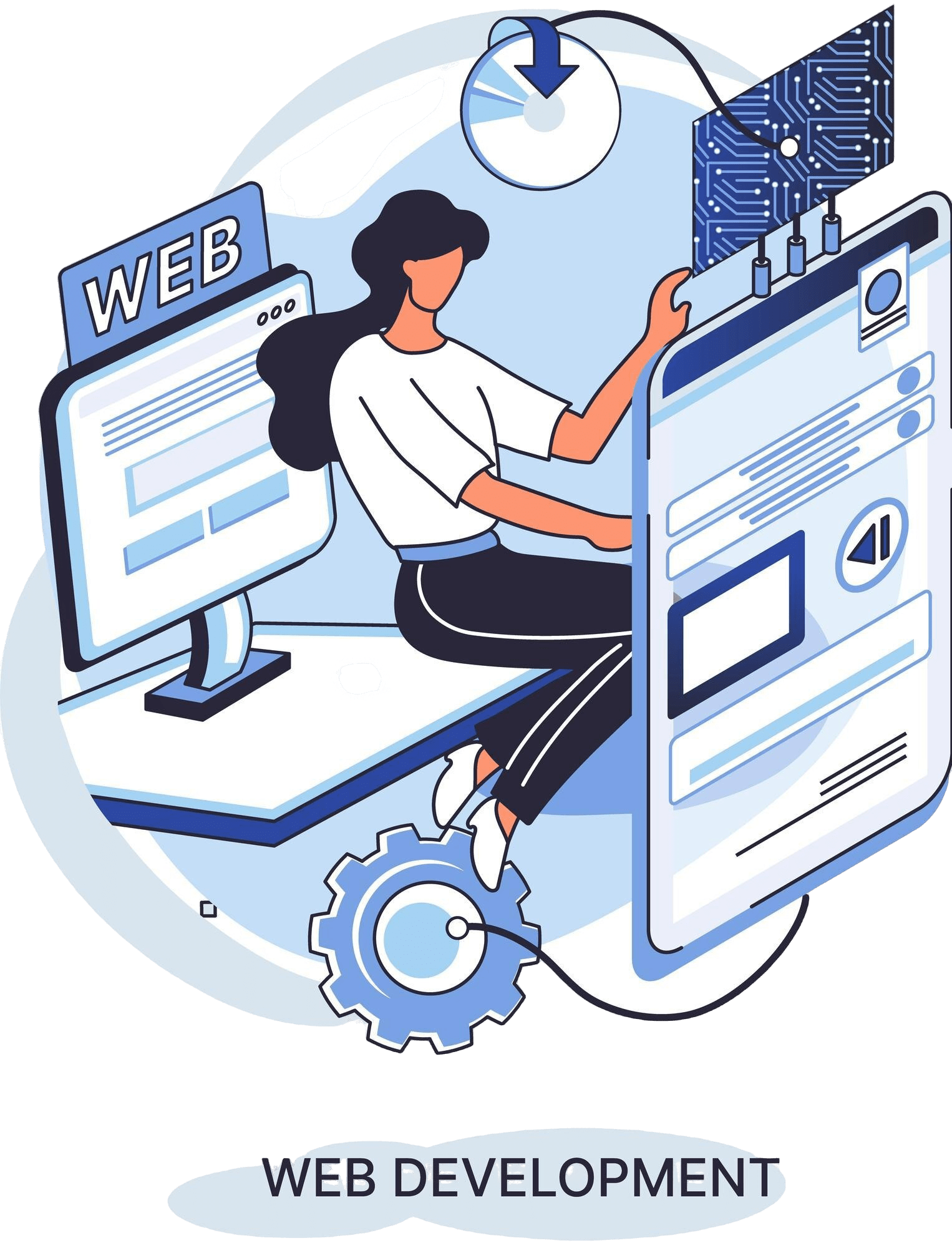 Illustration of a woman engaged in web development, interacting with a large website interface and a computer monitor, featuring elements like a gear and a circuit board, emphasizing digital design and user-friendly website creation.